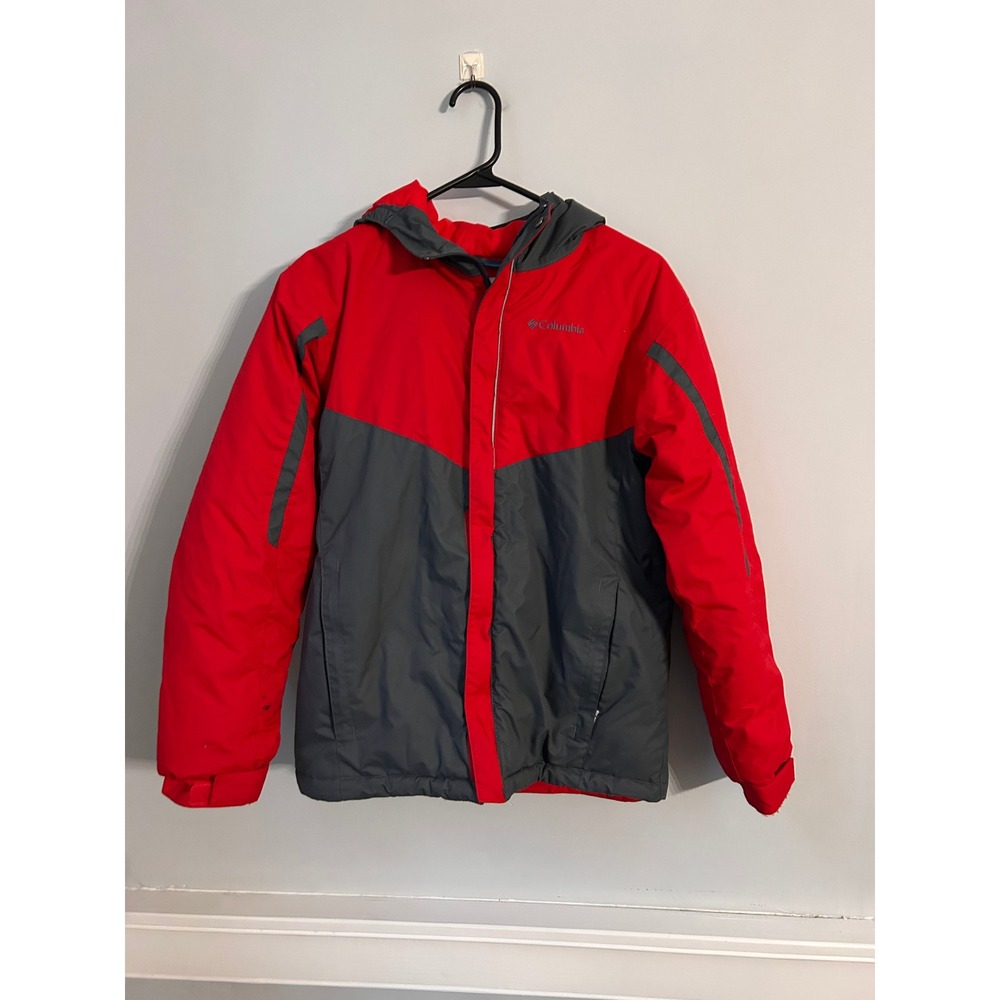 Columbia Kids Red Grey Outgrown Insulated Hooded Winter Jacket Parka L 14/16